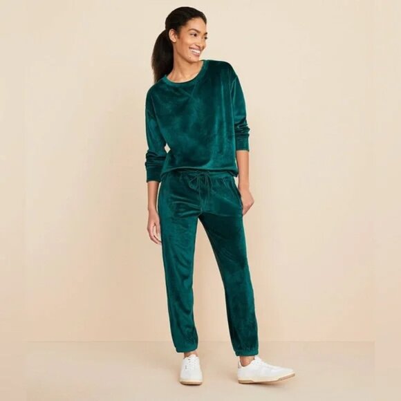 Lou & Grey Ribbed Velour Sweatshirt Forest Green Stretchy Crewneck Size XL - Picture 1 of 6